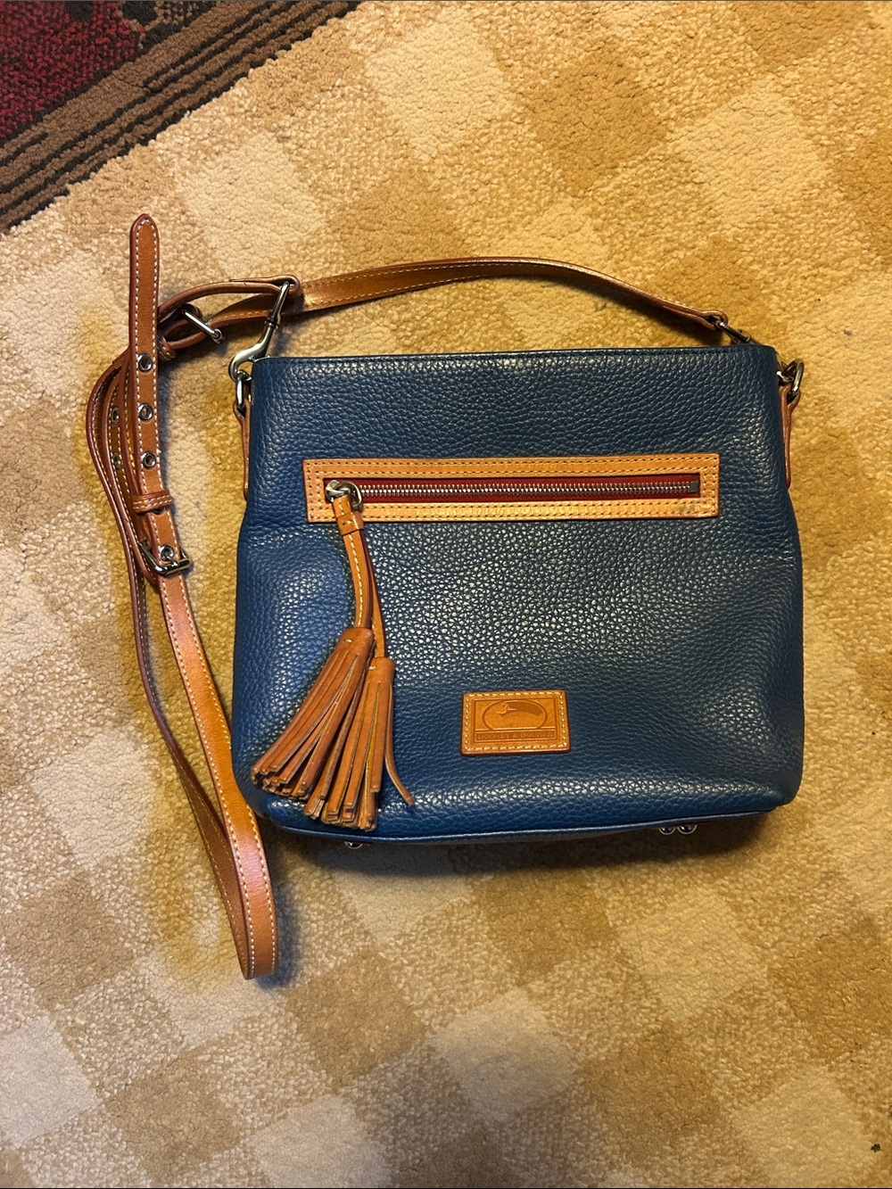 Dooney & Bourke Blue Pebbled Leather Crossbody with Tan Trim
